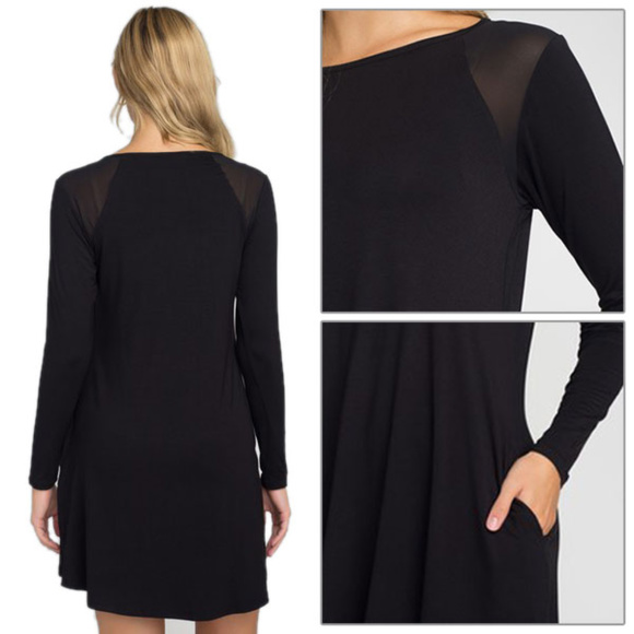 Mesh Shoulder Long Sleeve Dress w/ Pockets - Picture 2 of 2